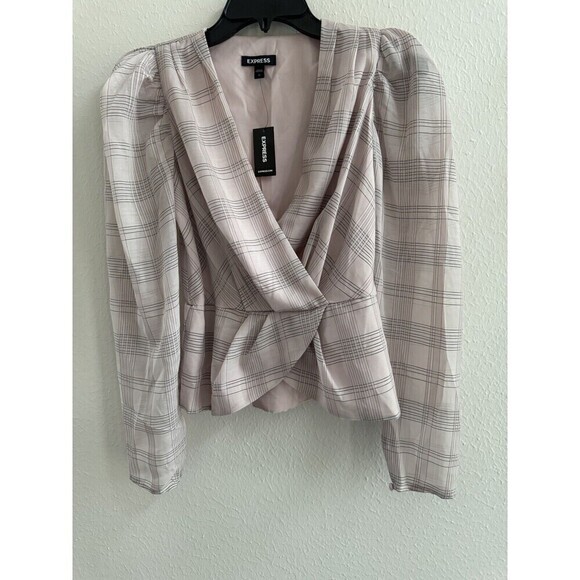 Express Check Print Faux Wrap Front Peplum Top blouse size Xsmall - Picture 6 of 15